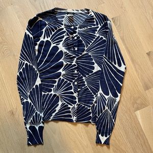 J.Crew 100% Merino Fan Print Cardigan Size S Navy and Cream